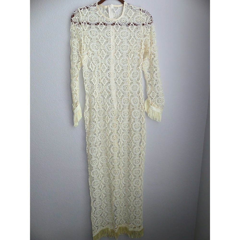 Musera Ivory Lace Fringe Maxi Dress Long Sleeve Boho Sheer Size M Unlined